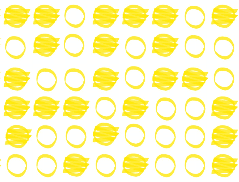 Een raster van gele rondjes, als getekend met een markeerstift. Ongeveer de helft van de rondjes zijn ruw ingekleurd, in een onwillekeurig patroon.