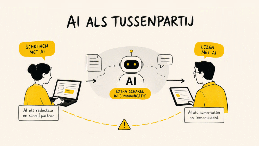 Diagram van AI als tussenpartij tussen schrijver en lezer in verandercommunicatie